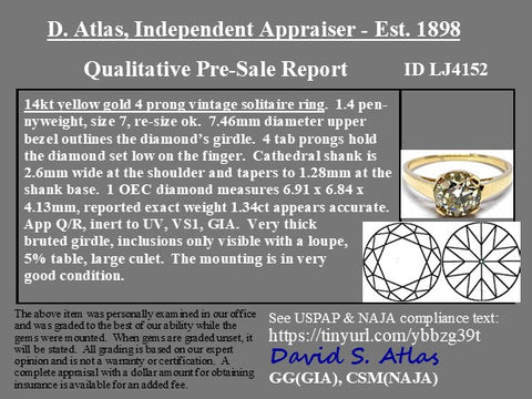 1.37ct Vintage Old European Cut Diamond Solitaire