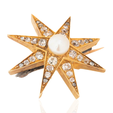 1.37ctw Antique Diamond & Pearl Starburst Brooch
