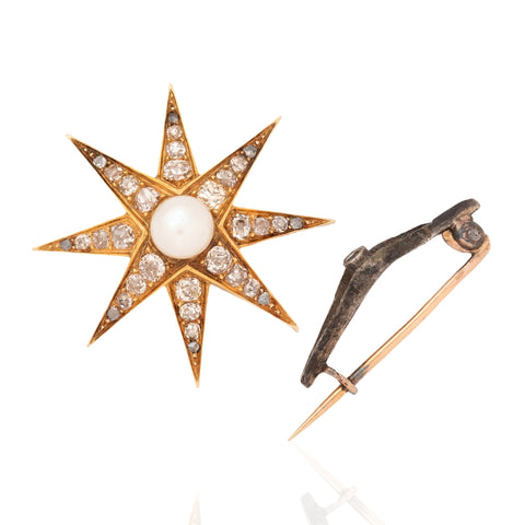 1.37ctw Antique Diamond & Pearl Starburst Brooch