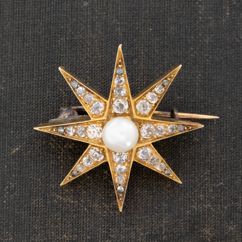 1.37ctw Antique Diamond & Pearl Starburst Brooch