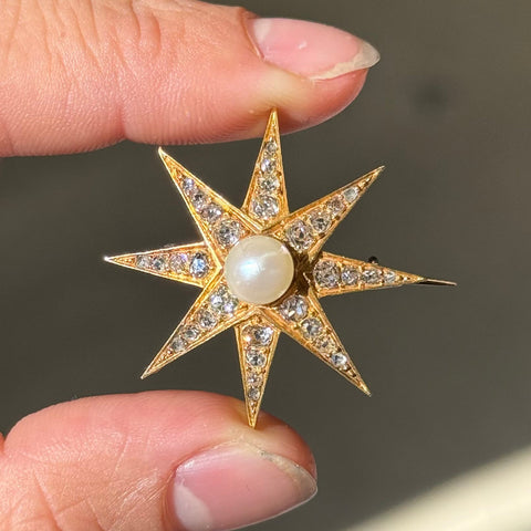 1.37ctw Antique Diamond & Pearl Starburst Brooch