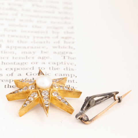 1.37ctw Antique Diamond & Pearl Starburst Brooch