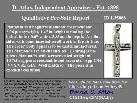 1.37ctw Vintage Baguette Cut Diamond Cross Pendant