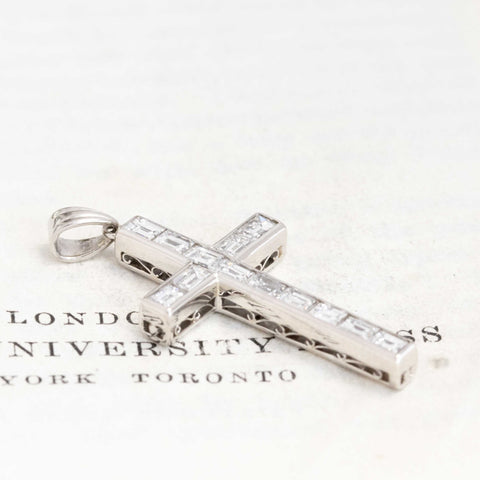 1.37ctw Vintage Baguette Cut Diamond Cross Pendant