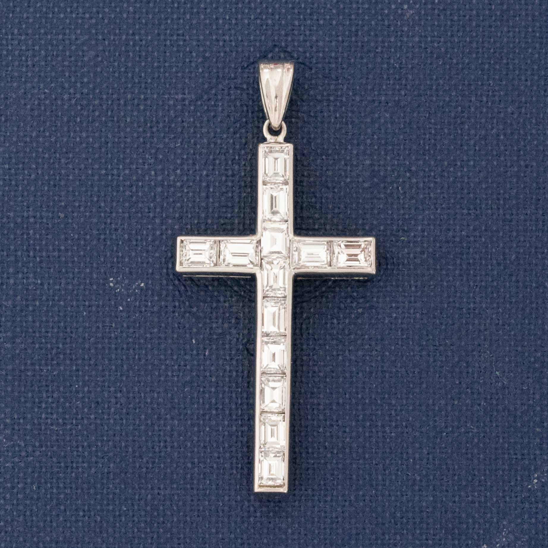 1.37ctw Vintage Baguette Cut Diamond Cross Pendant