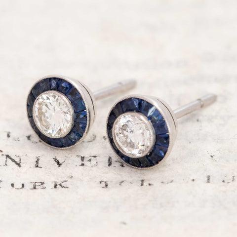 1.38ctw Old European Cut Diamond & Sapphire Target Earrings