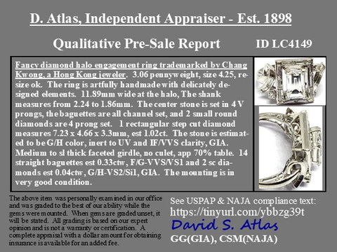 1.39ctw baguette cut diamond center in a geometric step cut frame ring, platinum – alternate view 4