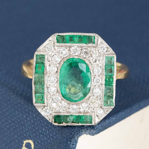 1.40ctw Art Deco Diamond & Emerald Cluster Frame Ring