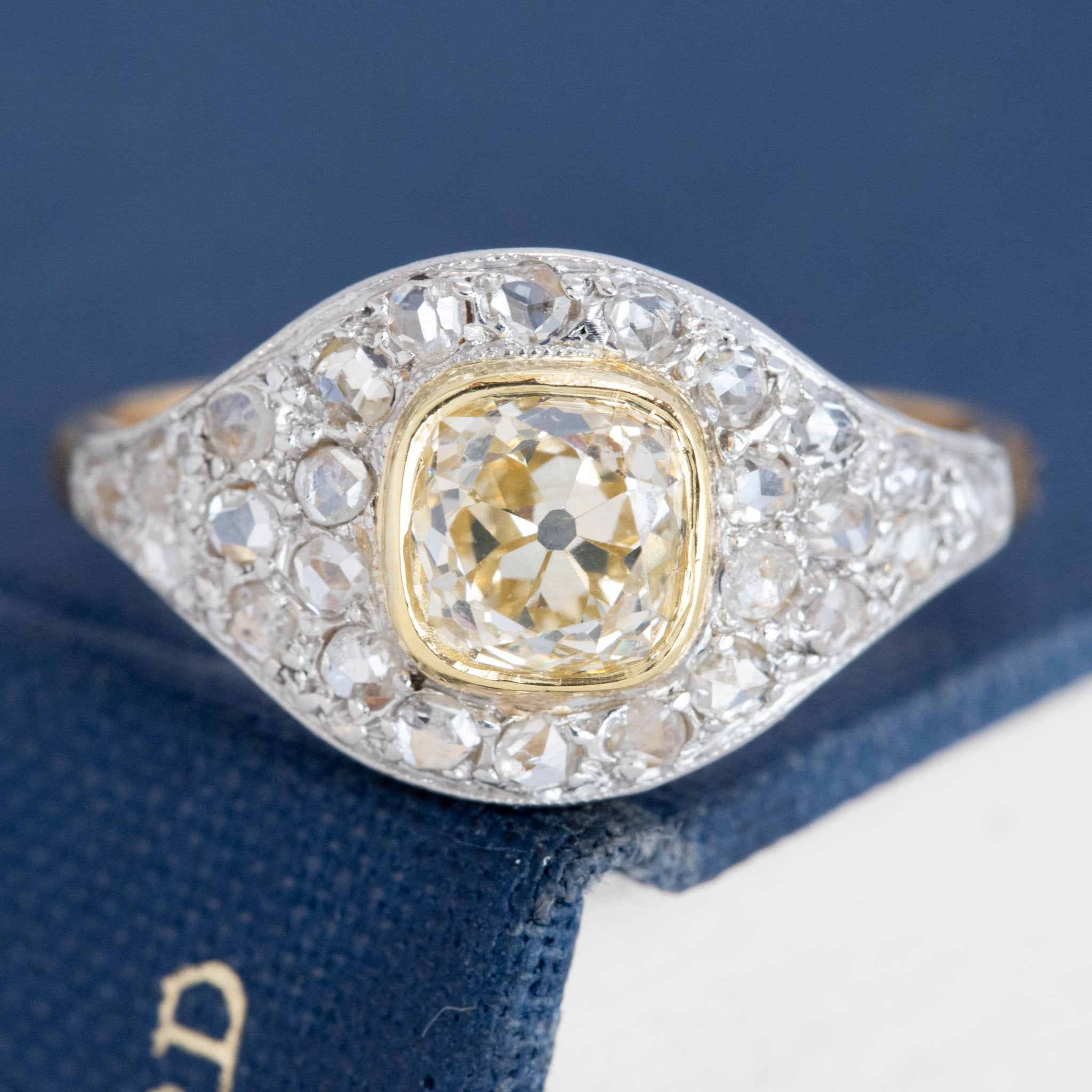 1.41ct Vintage Yellow Old Mine Cut Diamond Cluster Ring, GIA FLBY SI2