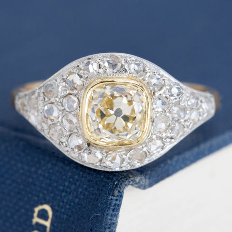 1.41ct Vintage Yellow Old Mine Cut Diamond Cluster Ring, GIA FLBY SI2
