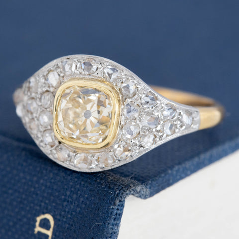 1.41ct Vintage Yellow Old Mine Cut Diamond Cluster Ring, GIA FLBY SI2