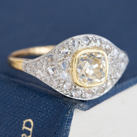 1.41ct Vintage Yellow Old Mine Cut Diamond Cluster Ring, GIA FLBY SI2