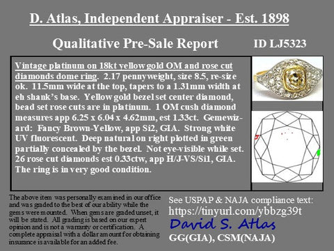 1.41ct Vintage Yellow Old Mine Cut Diamond Cluster Ring, GIA FLBY SI2