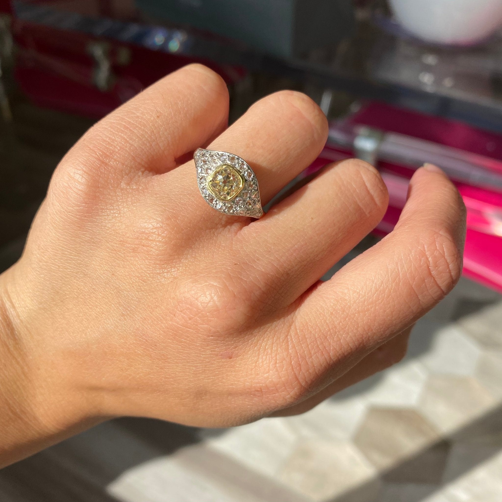 1.41ct Vintage Yellow Old Mine Cut Diamond Cluster Ring, GIA FLBY SI2