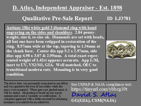 1.42ctw Art Deco Old European Cut Diamond Trilogy Ring