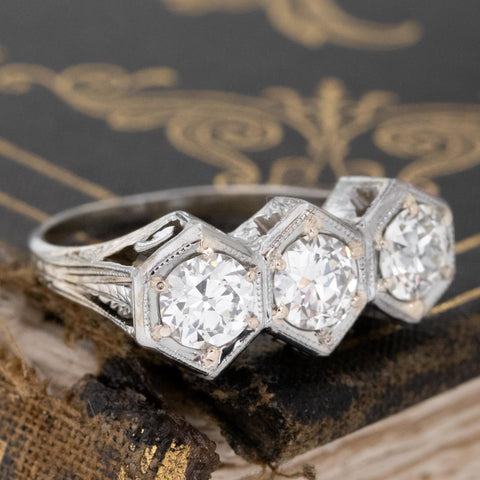 1.42ctw Art Deco Old European Cut Diamond Trilogy Ring