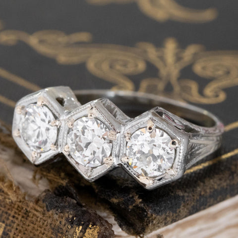 1.42ctw Art Deco Old European Cut Diamond Trilogy Ring