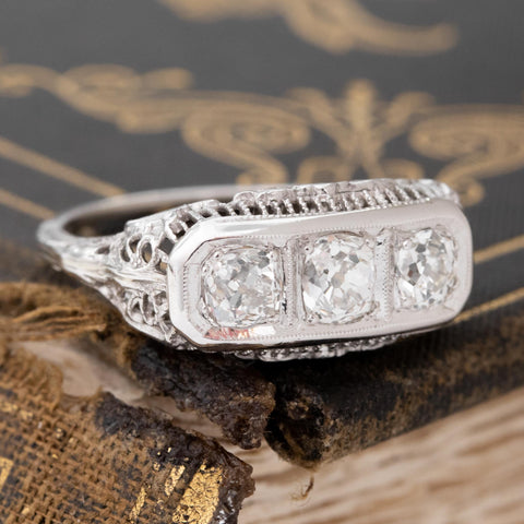 1.42ctw Old Mine Cut Diamond Trilogy Ring