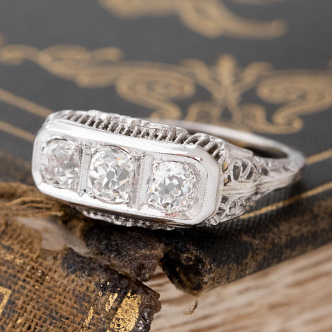 1.42ctw Old Mine Cut Diamond Trilogy Ring