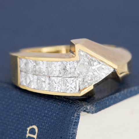 1.43ctw vintage arrow motif diamond ring with triangle and princess cut diamonds in yellow gold