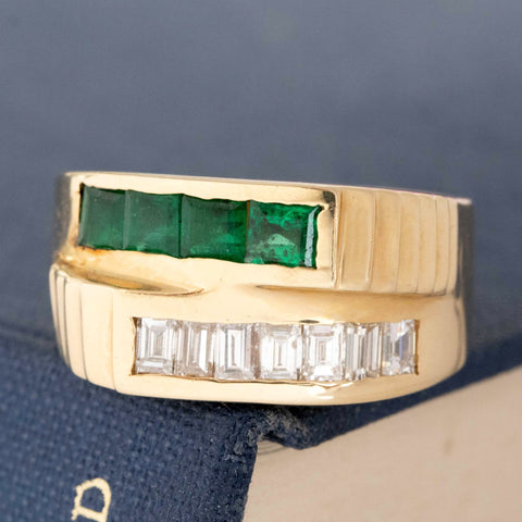 1.43ctw Vintage Diamond & Emerald Double Row Band