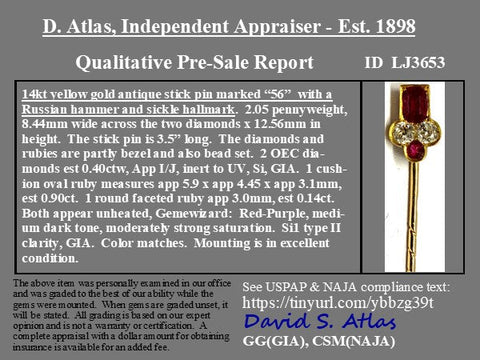 1.44ctw Antique Diamond & Ruby Stick Pin Russian