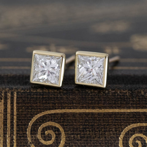 1.44ctw Princess Cut Diamond Bezel Stud Earrings, GIA H VS1