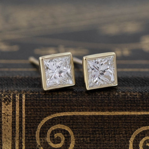 1.44ctw Princess Cut Diamond Bezel Stud Earrings, GIA H VS1