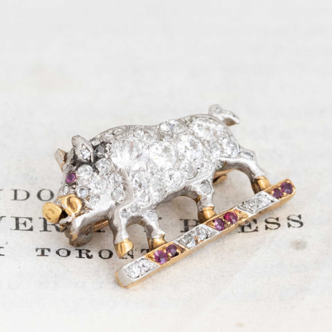 1.45ctw Antique Diamond & Ruby Boar Brooch