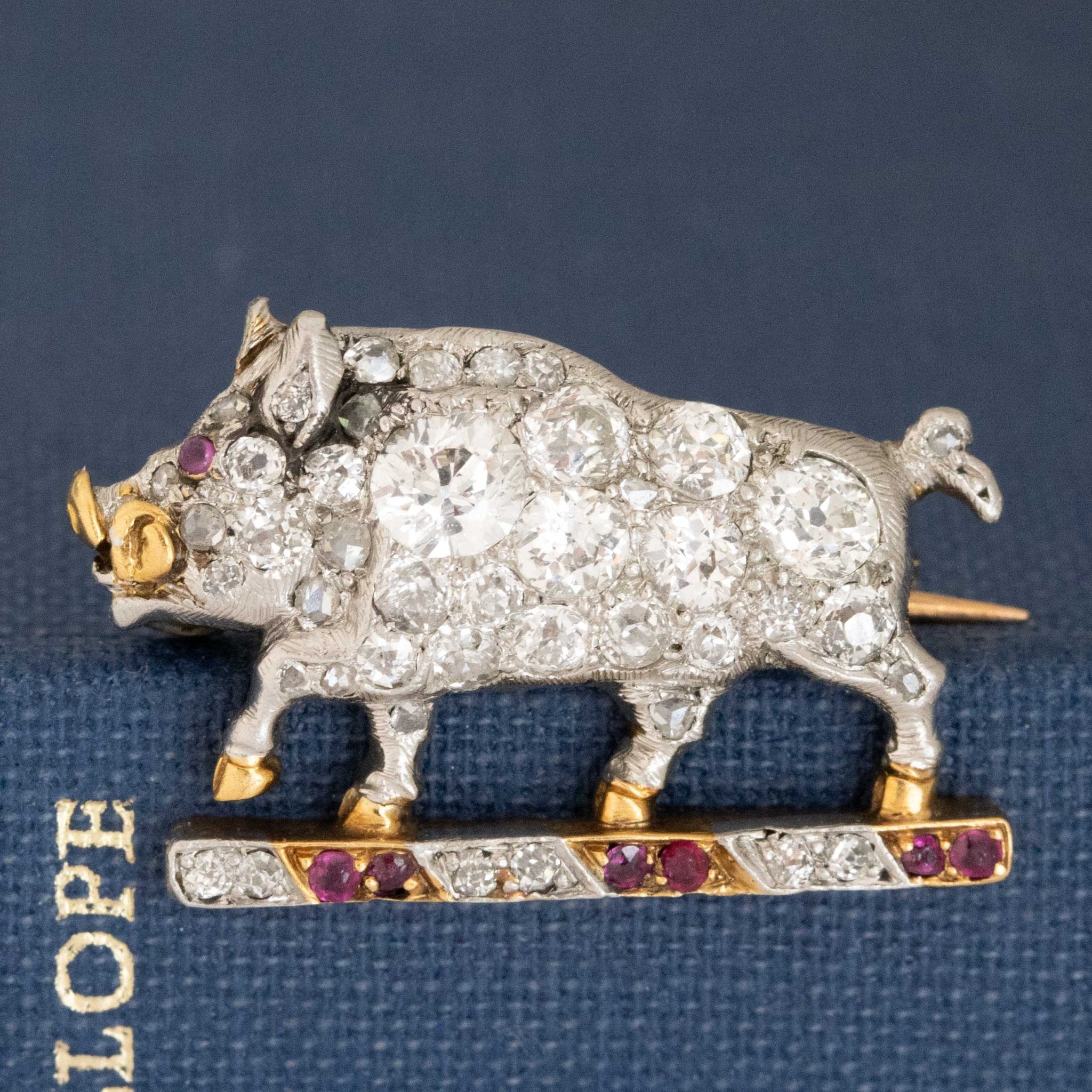 1.45ctw Antique Diamond & Ruby Boar Brooch