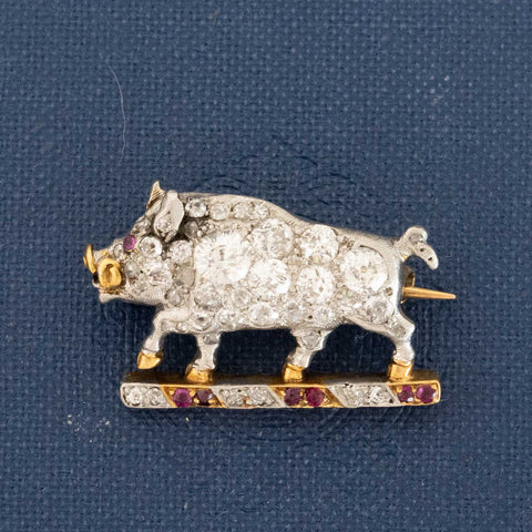 1.45ctw Antique Diamond & Ruby Boar Brooch