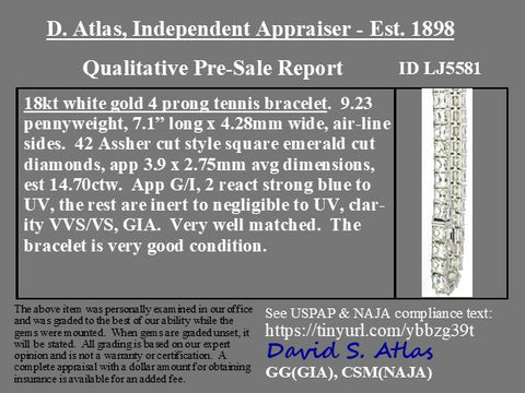 14.70ctw vintage asscher cut diamond tennis bracelet in 18kt white gold – alternate view 3