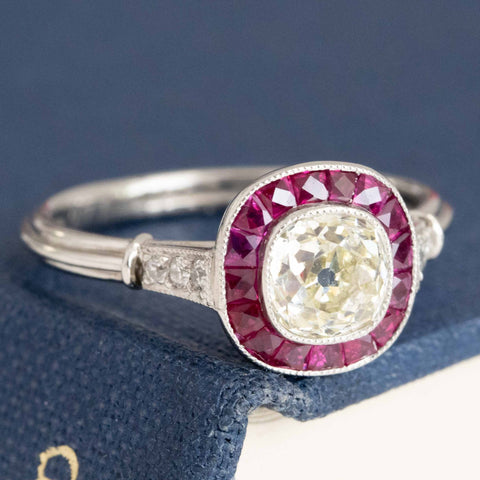 1.47ctw Old Mine Cut Diamond & Ruby Target Ring