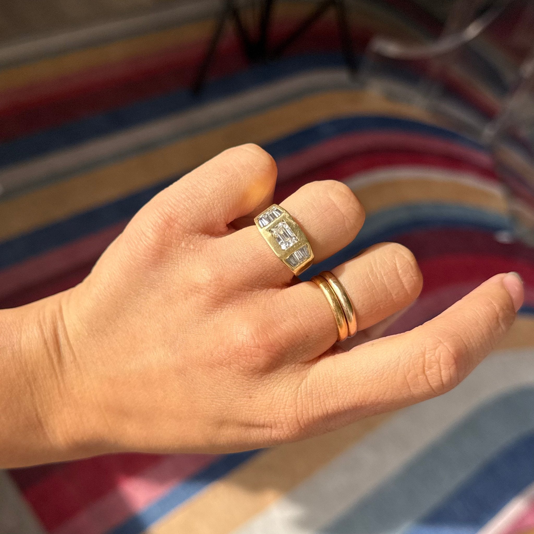 1.70ctw Vintage Emerald & Baguette Cut Diamond Flush Set Ring