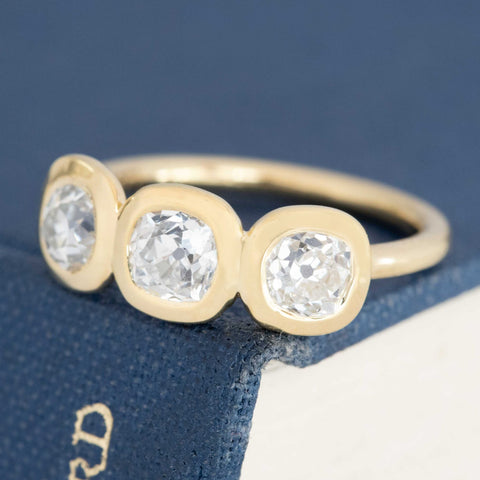 1.53ctw Old Mine Cut Diamond Bezel Trilogy Ring