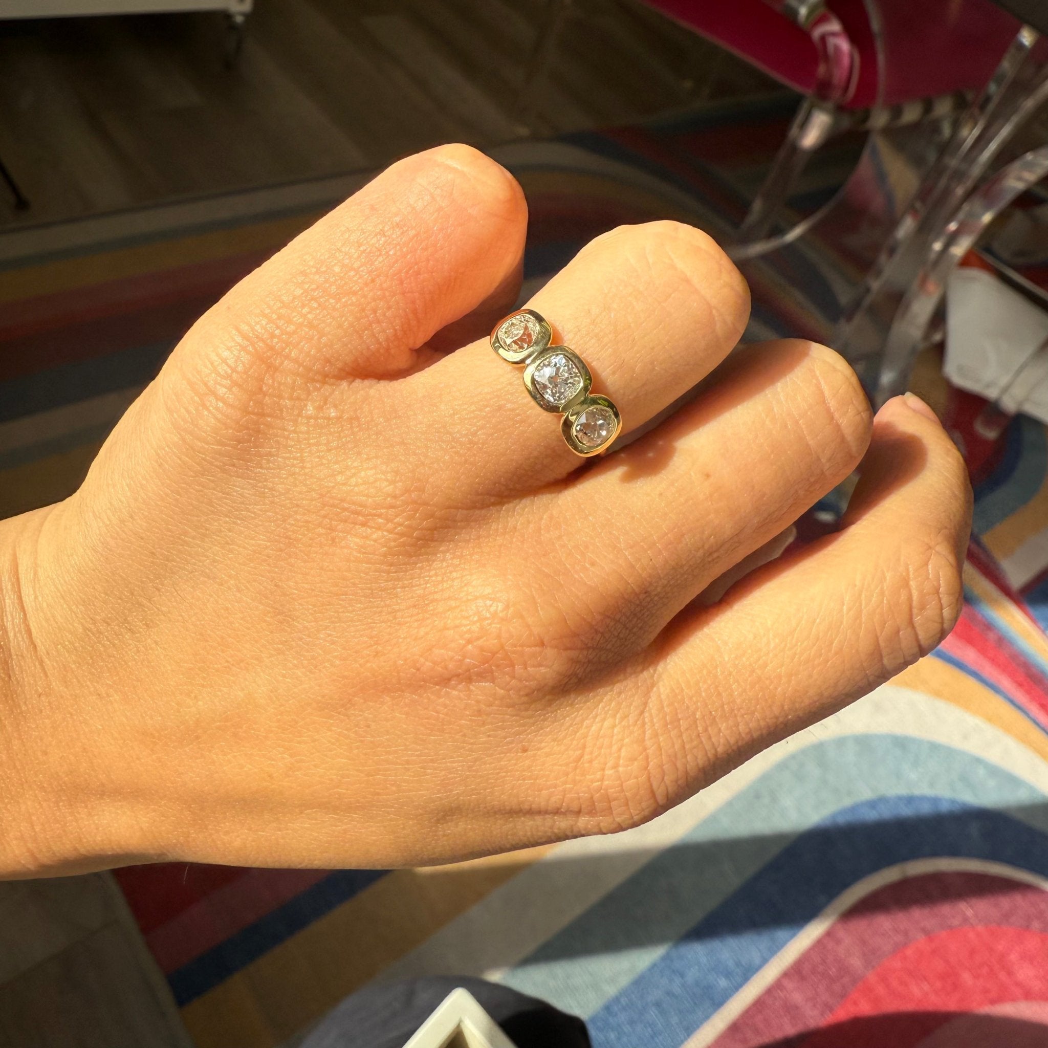 1.53ctw Old Mine Cut Diamond Bezel Trilogy Ring