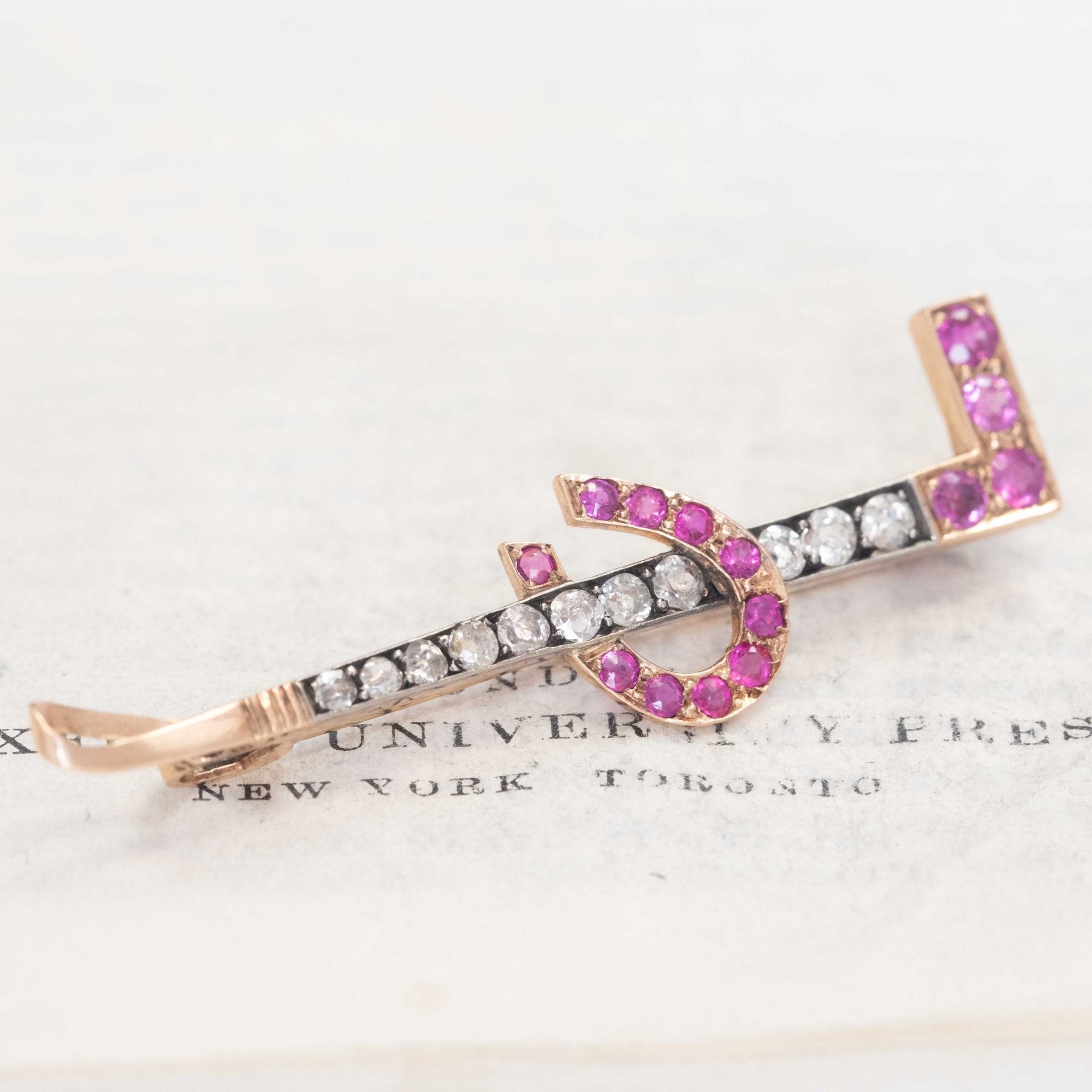 1.55ctw Diamond & Ruby Horseshoe/Riding Crop Brooch
