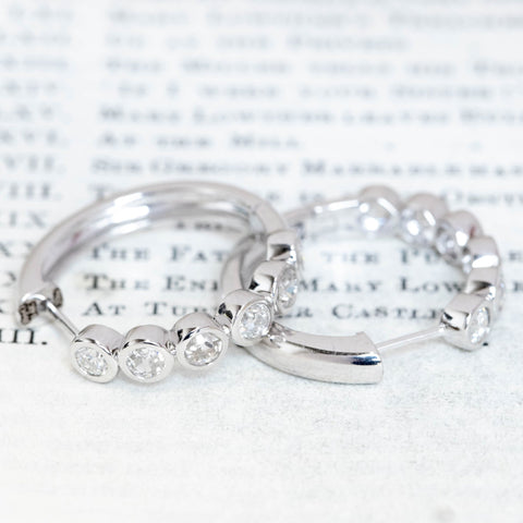 1.55ctw old European cut diamond bezel hoop earrings in 14kt white gold
