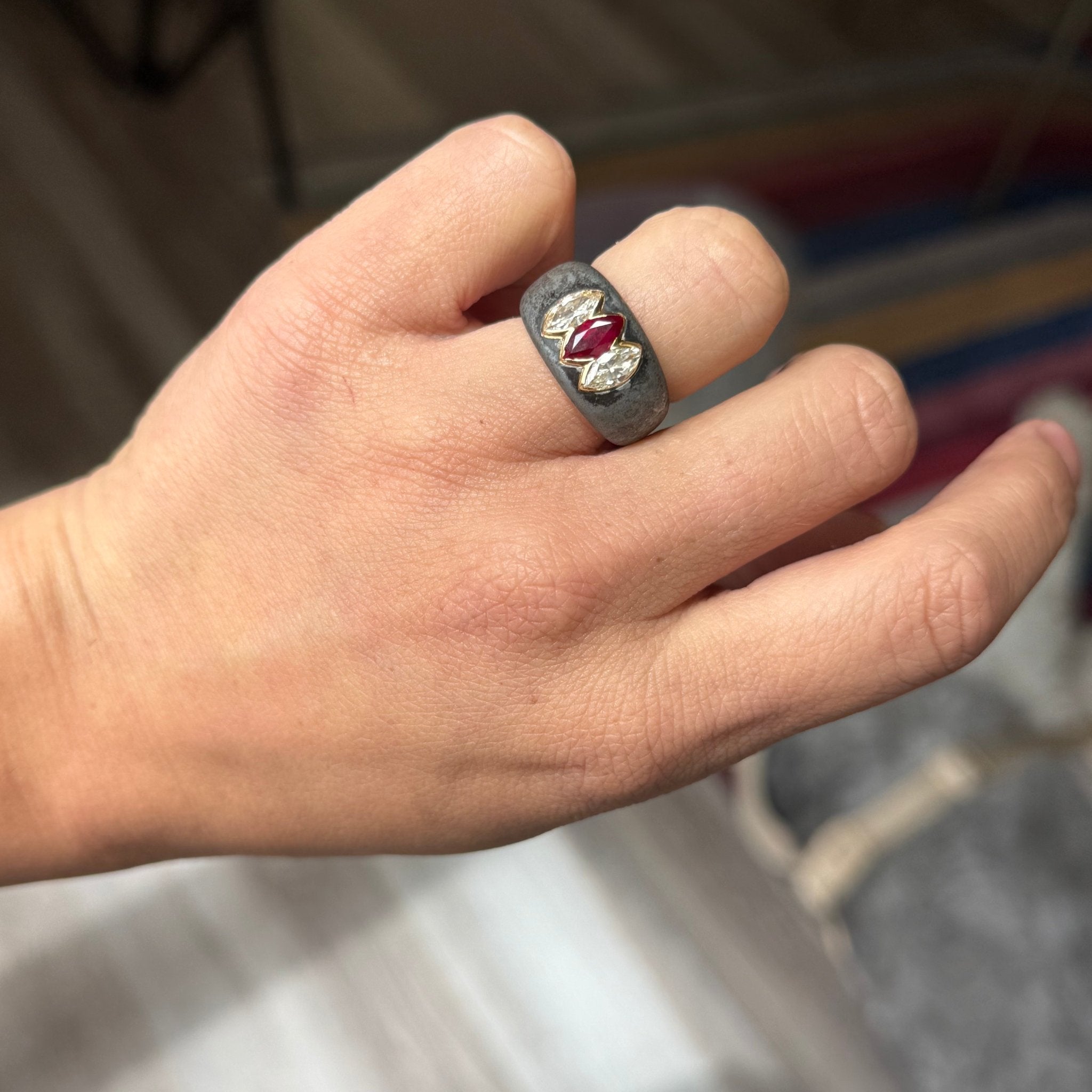 1.59ctw Vintage Marquise Cut Diamond & Ruby Steel Ring, by Bvlgari