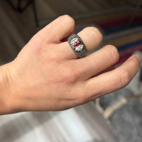 1.59ctw Vintage Marquise Cut Diamond & Ruby Steel Ring, by Bvlgari