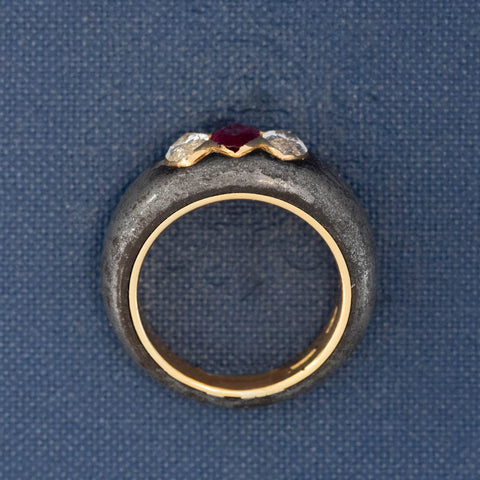 1.59ctw vintage Bvlgari steel ring with flush set marquise diamonds and ruby, lined in 18kt gold – alternate view 7