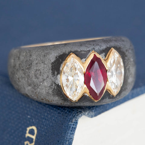1.59ctw Vintage Marquise Cut Diamond & Ruby Steel Ring, by Bvlgari