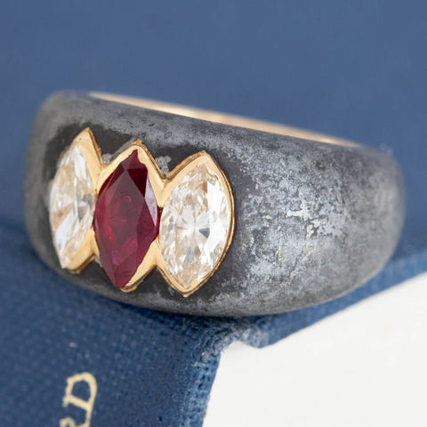 1.59ctw Vintage Marquise Cut Diamond & Ruby Steel Ring, by Bvlgari