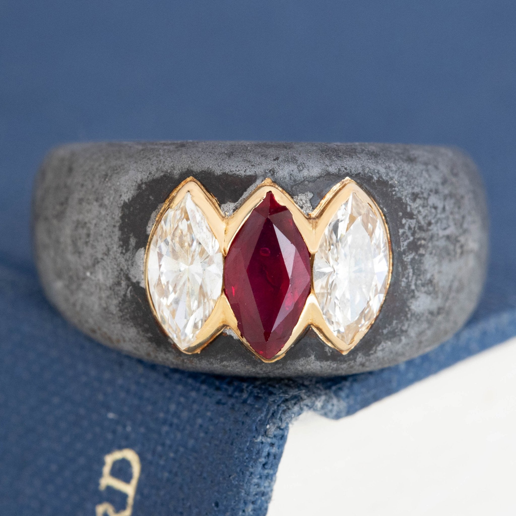 1.59ctw Vintage Marquise Cut Diamond & Ruby Steel Ring, by Bvlgari