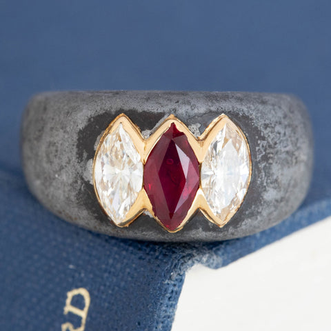 1.59ctw Vintage Marquise Cut Diamond & Ruby Steel Ring, by Bvlgari