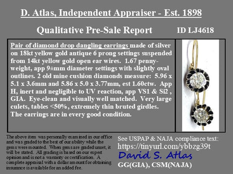 1.60ctw Antique Elongated Old Mine Cut Diamond Buttercup Drop Earrings