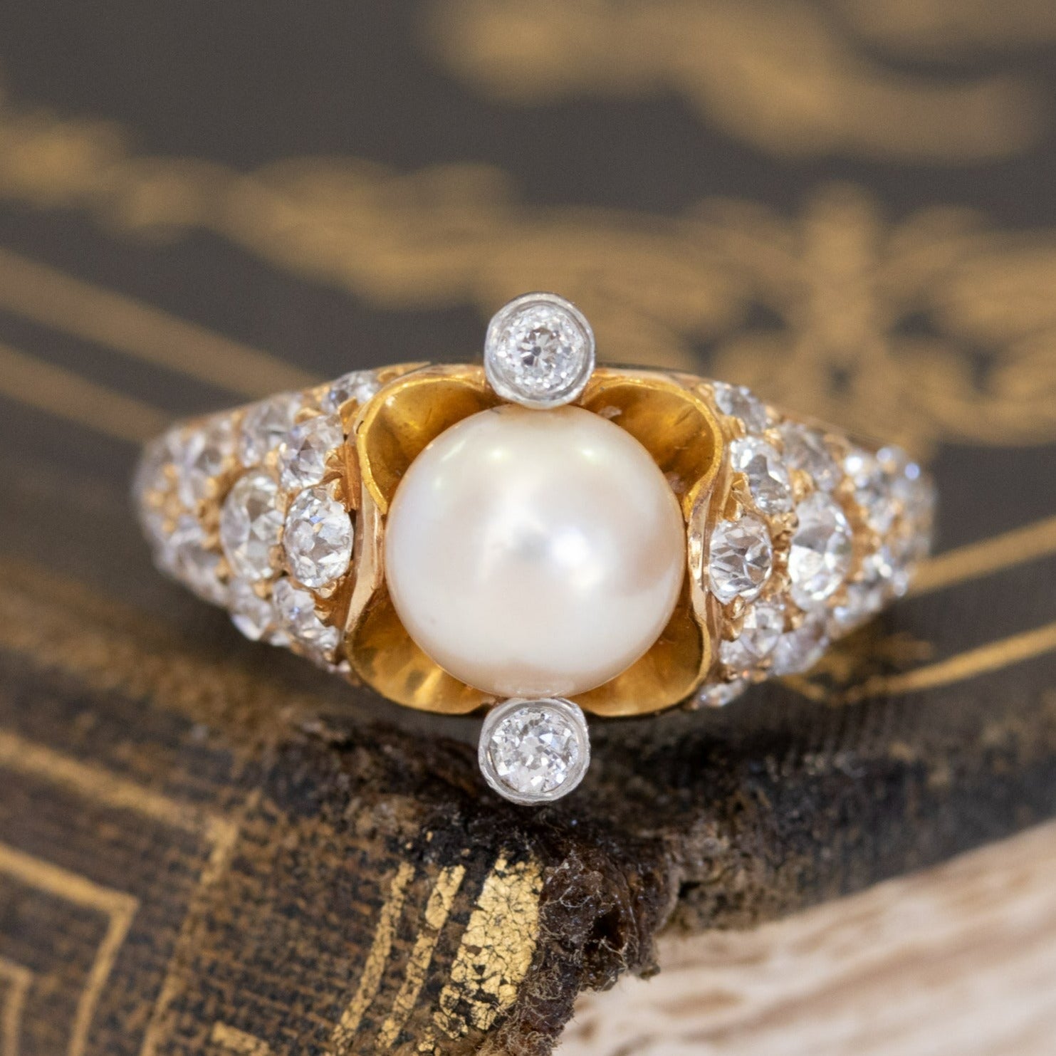 Jewels by Grace | 1.60ctw Vintage Pearl & Diamond Ring
