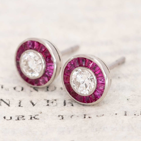 1.66ctw Old European Cut Diamond & Ruby Target Earrings