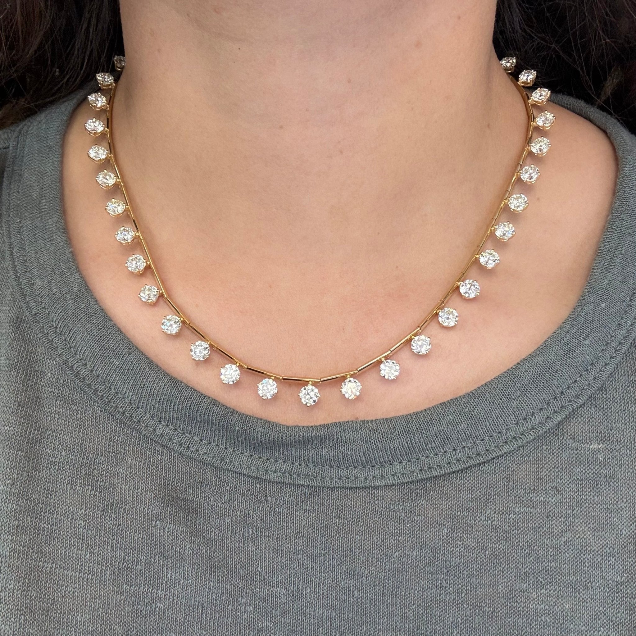 16.78ctw Old European Cut Diamon Bar Link Station Necklace