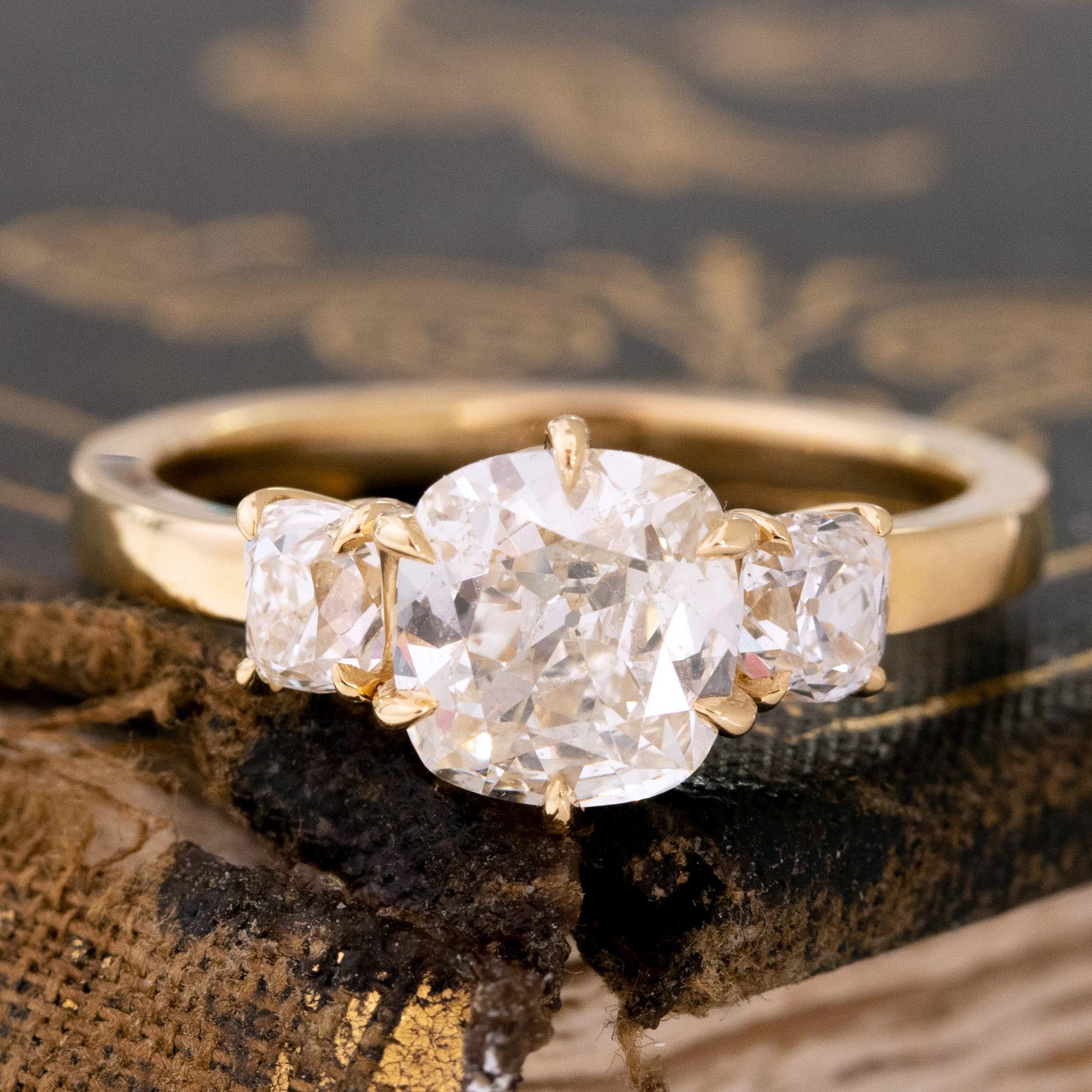 1.69ctw Old Mine Cut Diamond Trilogy Ring, GIA J SI